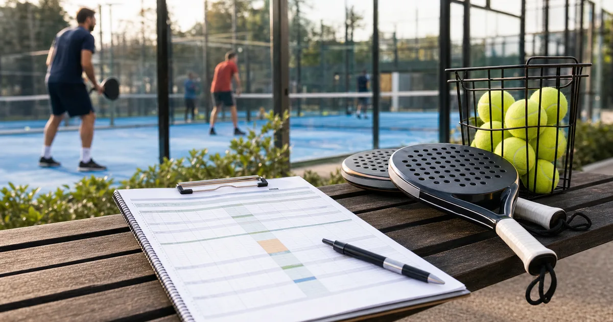 Hoja de planificacion de torneo americano junto a palas y bolas de padel